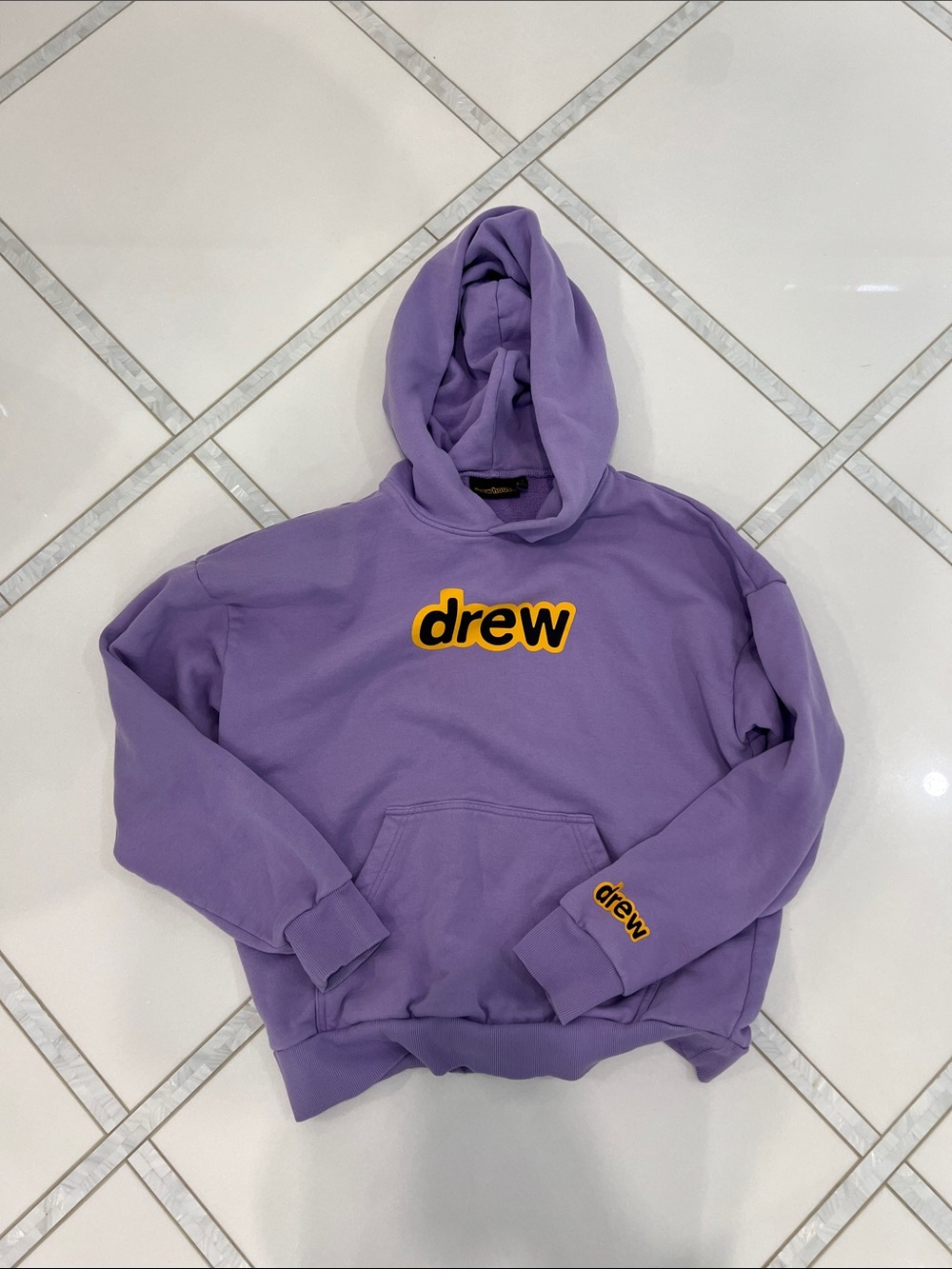 drew house Lavender Crewneck Hoodie with Yellow Logo - Men's